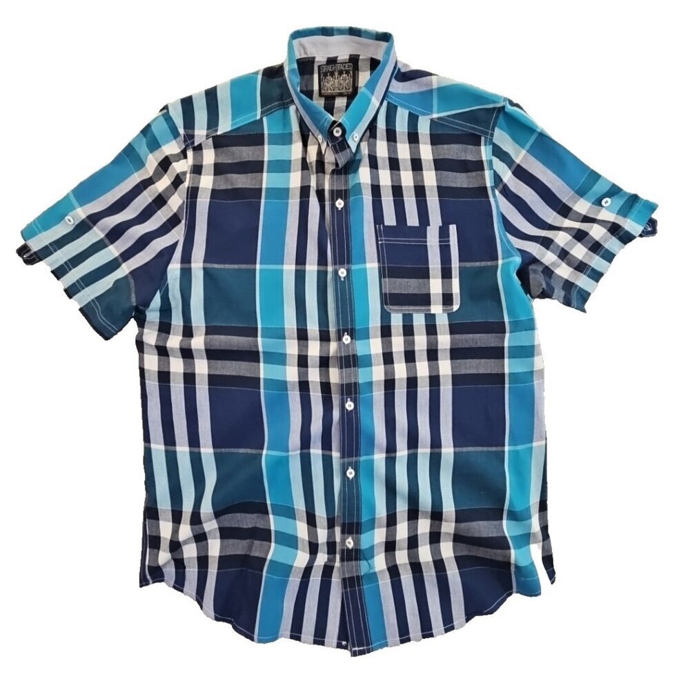 Straight Faded Roll-Tab Shirt Men's XL Blue Plaid Short Sleeve Button Up EUC LN